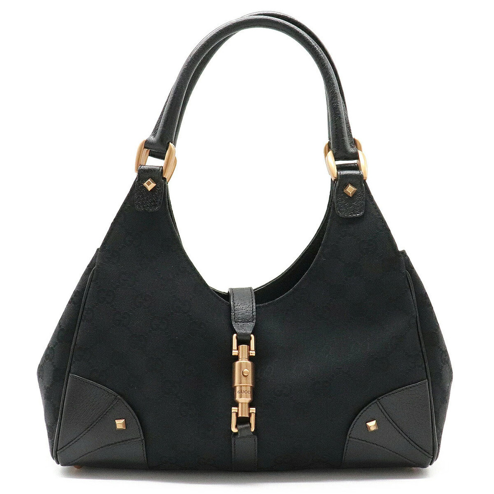 Gucci GG Canvas Jackie Shoulder Bag Hobo Handbag Studded Leather Black